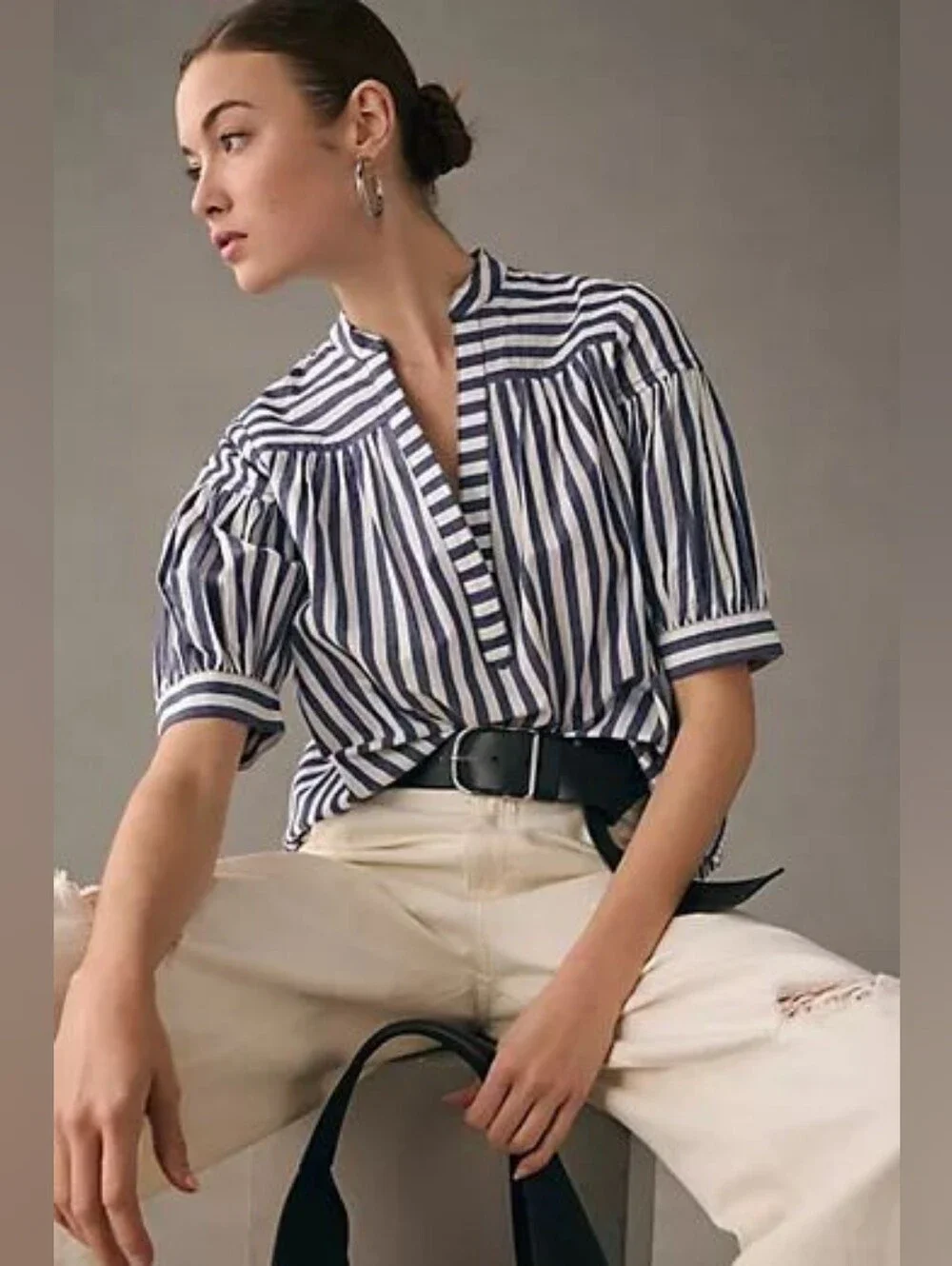 Anthropologie 100% Cotton Navy and White Striped Puff-Sleeve Blouse Size 1X